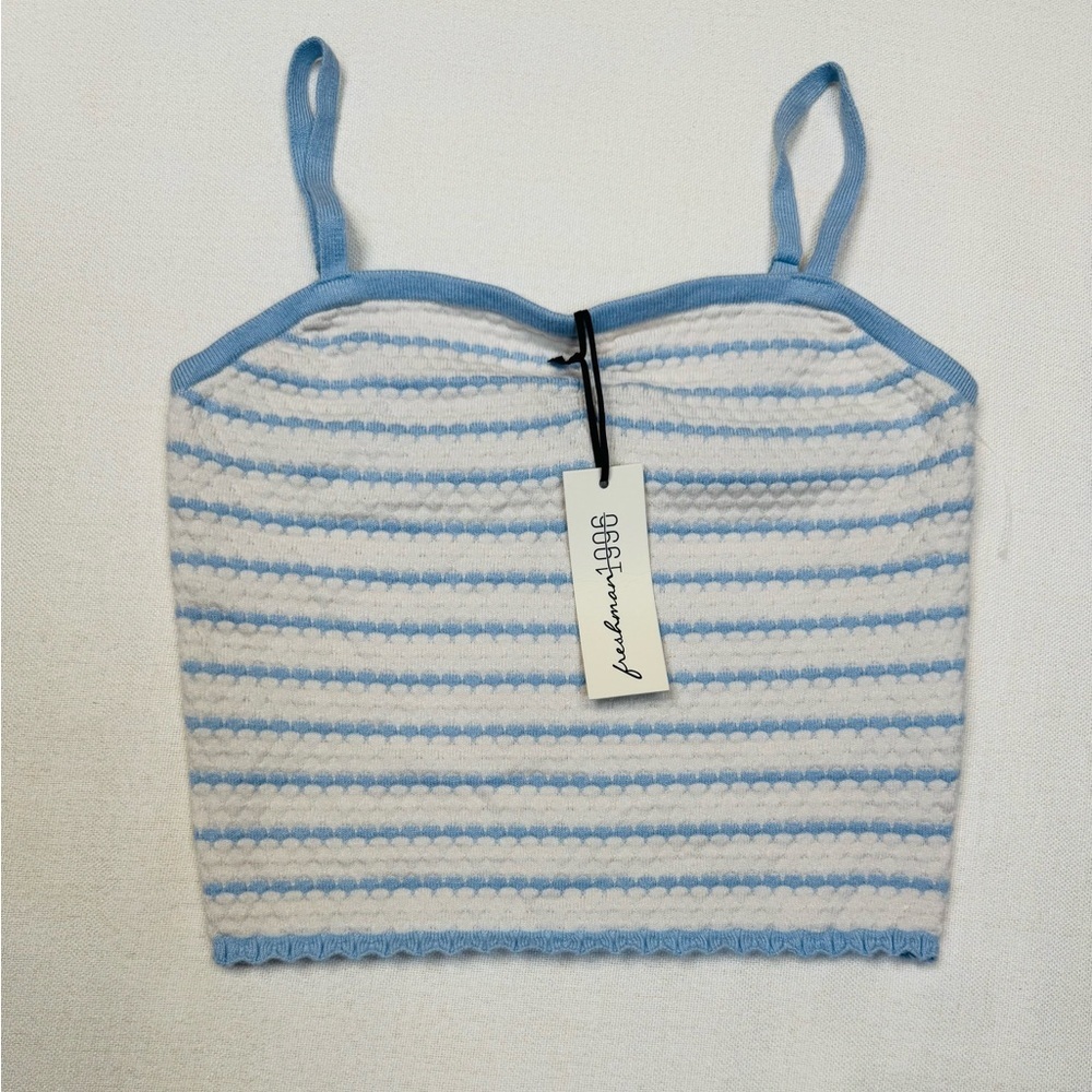 Freshman 1996 Tank Top Womens L Blue & White Striped Cropped Cami Stretch